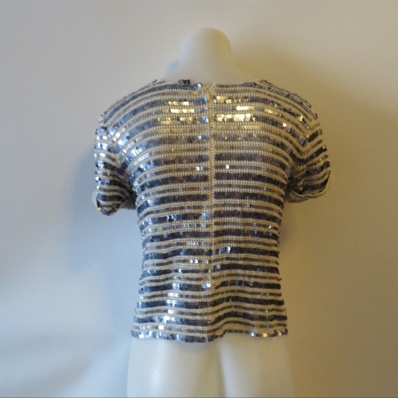 GRYPHON BEIGE/BLUE SEQUIN SHORT SLEEVE TOP M - Picture 3 of 10